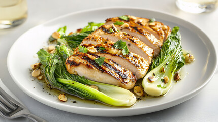 Grilled chicken breast with bok choy and almonds on a white plate.