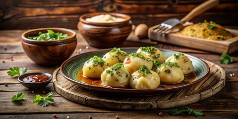 Delicious Potato Dumplings Stuffed with Minced Meat Served on a Rustic Wooden Table, Perfectly Cooked and Garnished with Fresh Herbs, Ideal for Food Photography and Culinary Delights