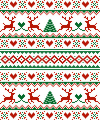Christmas winter seamless vector pattern. Pixel deers and christmas trees
