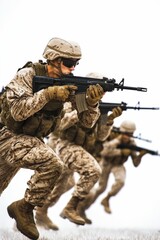 Fototapeta premium Marine soldiers advancing, rifles raised, tactical movement.