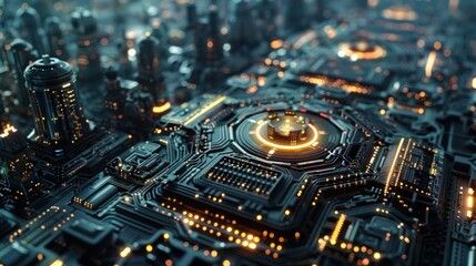 A close-up view of a futuristic circuit board with glowing elements and complex patterns.