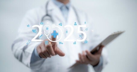 Doctor pointing futuristic medical icon with the year 2025, symbolizing healthcare advancement medical innovation and future technology. Ideal for content digital health trends and futuristic solution
