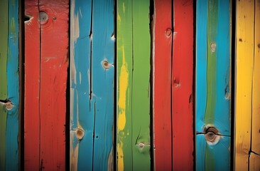 Fototapeta premium Old, grungy wood background with colorful peeling paint and rustic textures. Perfect for vintage, artistic, and rustic design projects