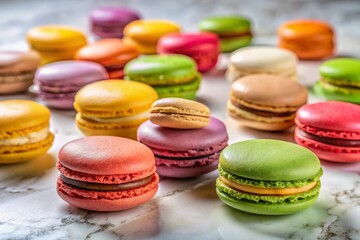 Delightful Display of Colorful Macaroons on a White Marble Countertop, Showcasing a Variety of Flavors and Textures, Perfect for Dessert Lovers and Food Photography Enthusiasts