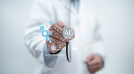 Doctor using  stethoscope with AI holographic interface displaying medical icons, health data and global connections. Perfect for AI in healthcare, medical innovation and technology-driven solutions