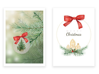 Watercolor xmas cards with a ball on a tree and a card with a wreath decorated with fir branches and houses