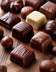 Naklejka premium A variety of chocolates displayed on a wooden table showcasing intricate designs and textures