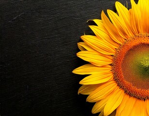 half sunflower on side of a black background flat lay isolated yellow flower close up close-up off-center closeup copy space for text card partial framing negative space right aligned wallpaper