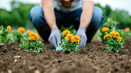Fototapeta premium Gardening action by a person community garden planting flowers outdoor environment close-up view growing nature's beauty