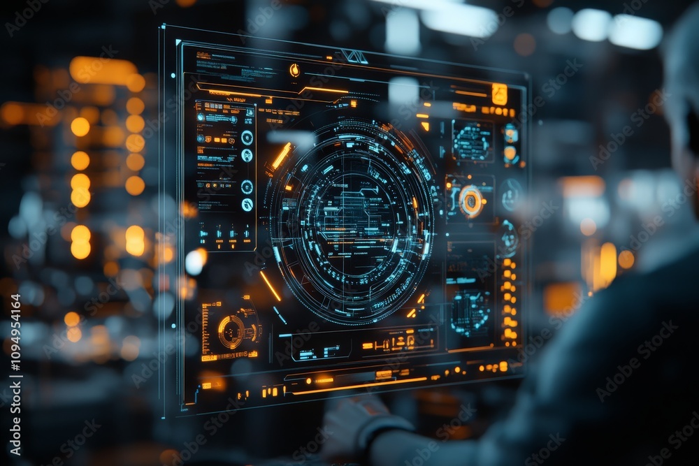 Poster a high-tech radar with a digital screen showing a complex array of data and graphics, emphasizing mo