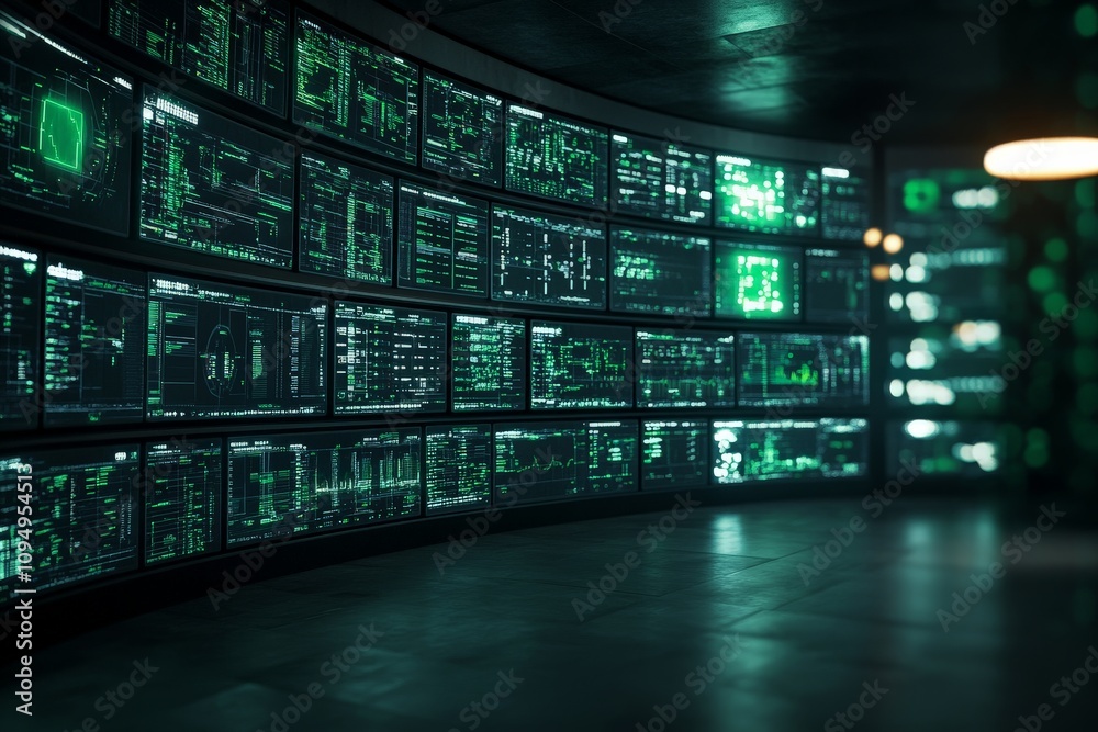Poster A highly technical control room featuring numerous screens displaying data, representing advanced monitoring systems and integration technology for complex environments.