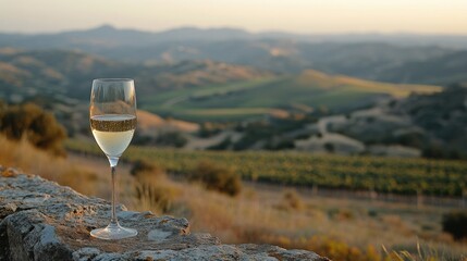 Scenic View of Vineyard Hillside with Glass of White Wine at Sunset - Serene Landscape, Nature, Wine Tourism, Countryside Escape, Relaxation, Rolling Hills