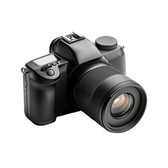 Professional DSLR camera with large lens on a transparent background