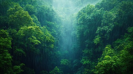 Fototapeta premium Lush green rainforest with cascading rain, evoking tranquility and nature's beauty.