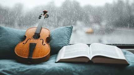 Rainy day relaxation with a violin and book cozy living room still life indoor inviting atmosphere