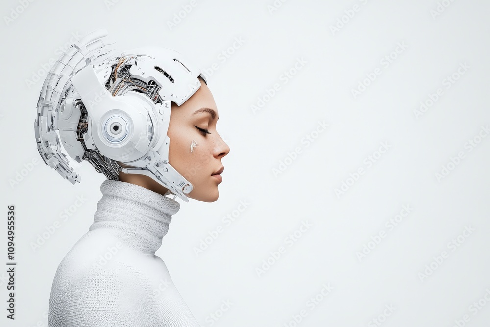 Poster a highly advanced humanoid robot head with intricate visible circuitry representing the forefront of