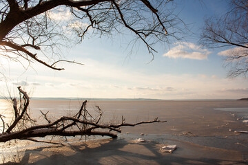 a snowy lake with a few trees and a sun shining on the water.