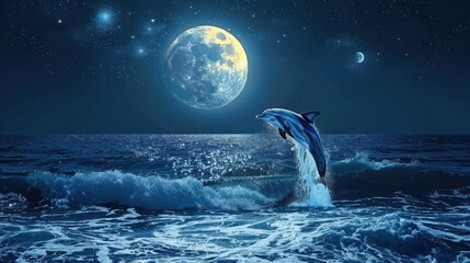 Obraz premium A dolphin leaps from ocean waves under a luminous moon and starry night sky.