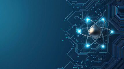 Obraz premium Abstract futuristic background with circuit board and atomic symbol, showcasing technology and innovation. design features sleek blue color palette and intricate lines