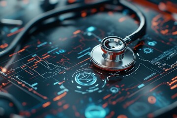 A stethoscope rests on a high-tech digital interface, highlighting the merging of healthcare and technology, emphasizing modern innovation in medical diagnostics.