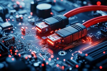 Dual Ethernet cables are plugged into a motherboard, symbolizing connectivity and digital networking, showcasing technological intricacies essential for modern communication.