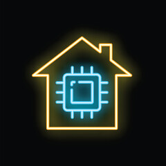 Glowing neon illustration representing the concept of smart home technology with a microchip inside a house shape