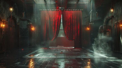 A dimly lit interior with red curtains, evoking a mysterious and dramatic atmosphere.