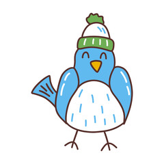 Little blue bird in cute winter hat. Winter season, Christmas vibe and New Year time. Colorful vector isolated illustration in doodle hand drawn. Icon or card clip art
