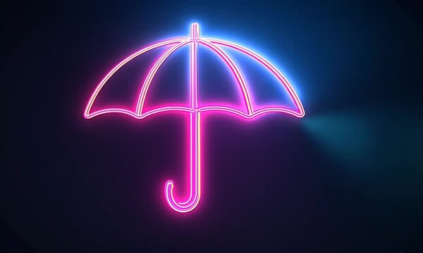Blue purple Neon Light Glowing Security Umbrella Icon Video Background.	