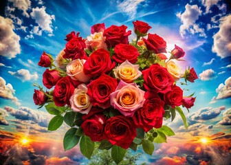 Double Exposure of a Lush Bouquet of Red Roses Merging with a Vibrant Blue Sky, Capturing the Beauty of Nature and Floral Elements in Artistic Photography