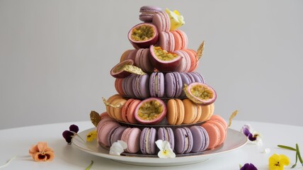 A creative, avant-garde dessert tower made of macarons, exotic fruit slices, and gold-leaf accents