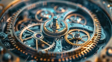 Intricate close-up of a mechanical watch's gears and cogs showcasing craftsmanship.