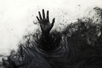 A surreal scene of a person drowning in an ocean of black ink, their hand reaching out above the surface in desperation.