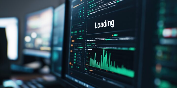 A close-up view of a computer screen displaying a loading interface, "Loading" written in a bold, pixelated font