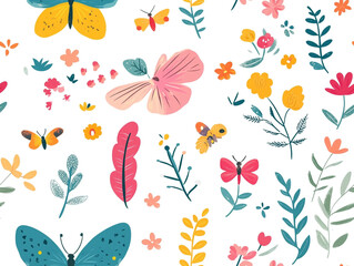 Obraz premium A colorful butterfly pattern with flowers and leaves. The butterflies are of different sizes and colors. 