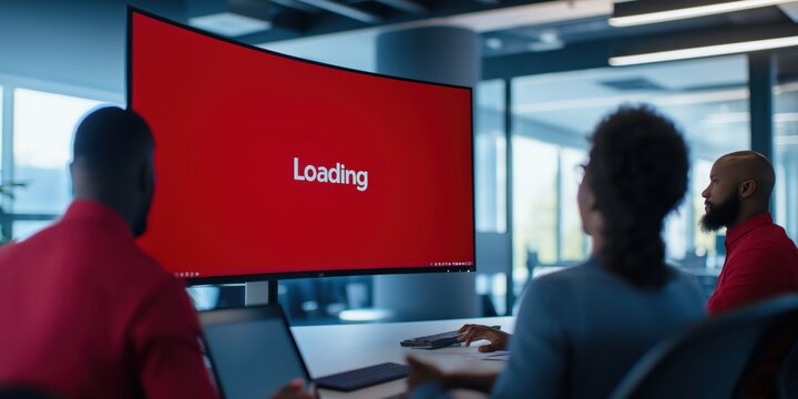 A collaborative team in a modern tech office gathered around a large curved monitor, discussing a project as the screen shows "Loading" in bold white letters