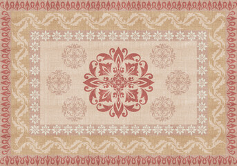 Vector Modern with Carpet  Boho style ethnic floral damask design, pattern with distressed woven texture and effect Antique traditional rug floor covering