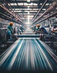 A busy industrial setting with workers operating machinery in a manufacturing environment.