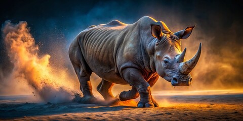 Fototapeta premium Dramatic Night Photography of a Rhinoceros Charging Towards the Camera, Kicking Up Dust in a Wild and Aggressive Display of Nature's Power