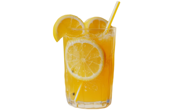 Glass of Orange Juice with Lemon Slices and Straw - Realistic Image