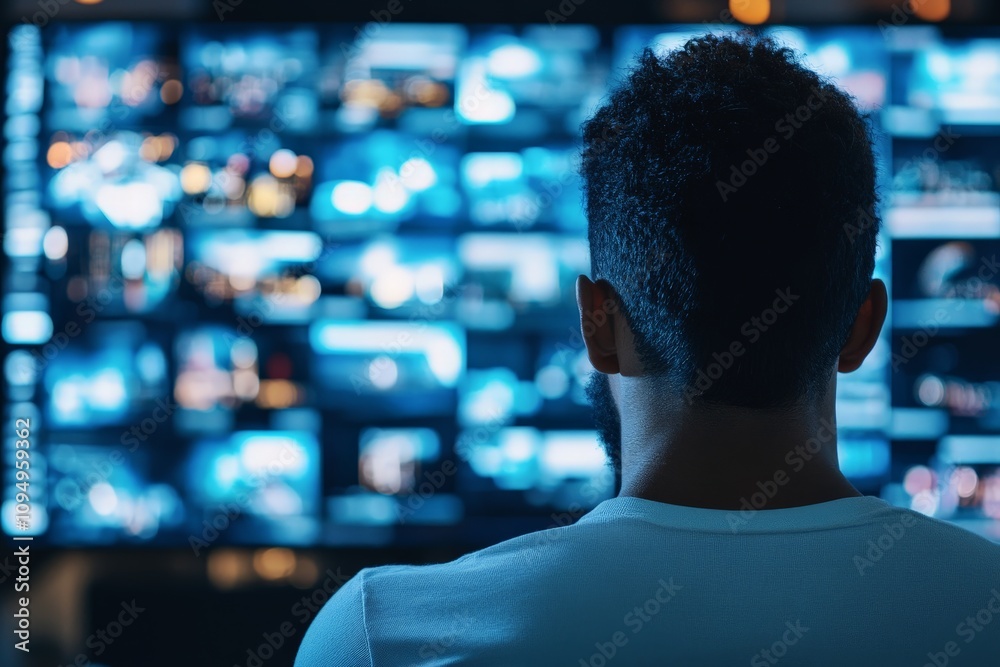Poster a person views numerous computer screens from behind, immersed in a high-tech control environment, s