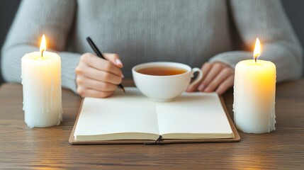 Cozy tea moment writing in a calm space with candles home office personal reflection intimate setting mindfulness