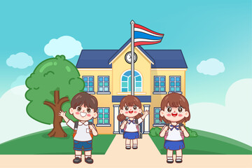 Cute cartoon student in uniform back to school character. Thai school uniform premium vector.