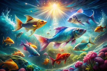 Dreamy Underwater Scene Representing Pisces Zodiac Meanings with Ethereal Colors and Flowing Elements in a Balanced Composition Using the Rule of Thirds for Enhanced Visual Appeal