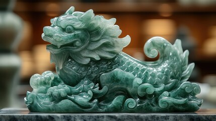 A detailed jade sculpture of a mythical creature, showcasing craftsmanship and cultural...