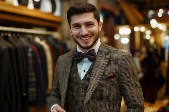 Stylish male tailor smiling in a classic suit shop