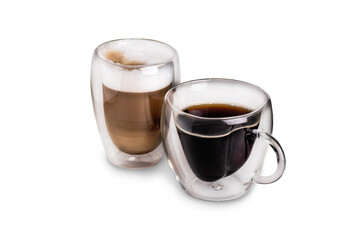 Two Glass cups with cappuccino and americano coffee. Side view Isolated on white background close up