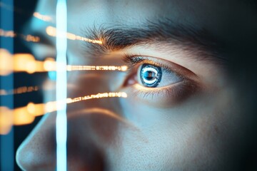 A detailed close-up of an eye featuring a futuristic holographic overlay, symbolizing advanced technology and innovation in visual scanning.