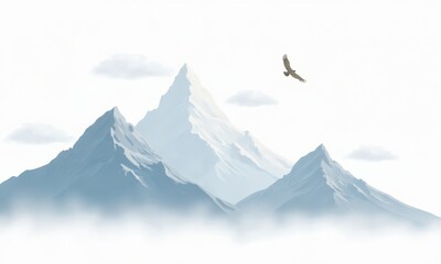 A serene mountain scene with soft clouds drifting across the sky and a single soaring eagle in the distance. The white background highlights the majesty and calm of the illustration.