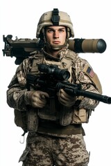 Fototapeta premium Camouflaged soldier with rifle and missile launcher.